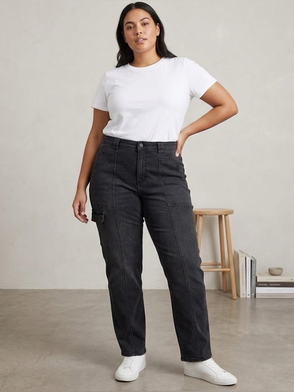 Time and Tru Black High Rise Seamed Cargo Utility Jeans Sz 12 NWOT